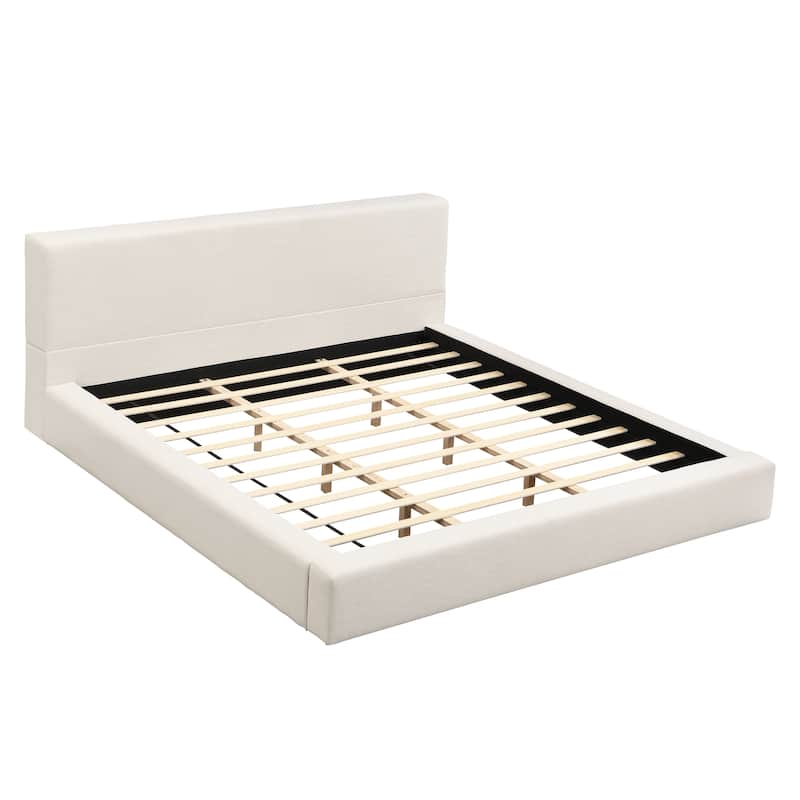 King Size Bed Frame with Thick 8" Headboard/Upholstered Platform Bed Frame/Solid Wood Support Slats/No Box Spring Needed/Beige