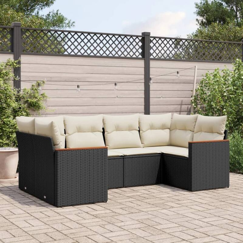 vidaXL 6 Piece Patio Sofa Set with Cushions Black Poly Rattan - 24.4" x 24.4" x 27.2"