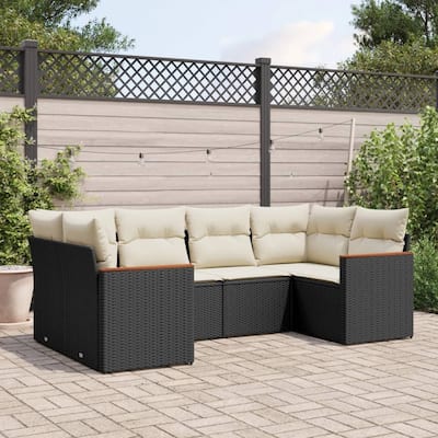vidaXL 6 Piece Patio Sofa Set with Cushions Black Poly Rattan - 24.4" x 24.4" x 27.2"