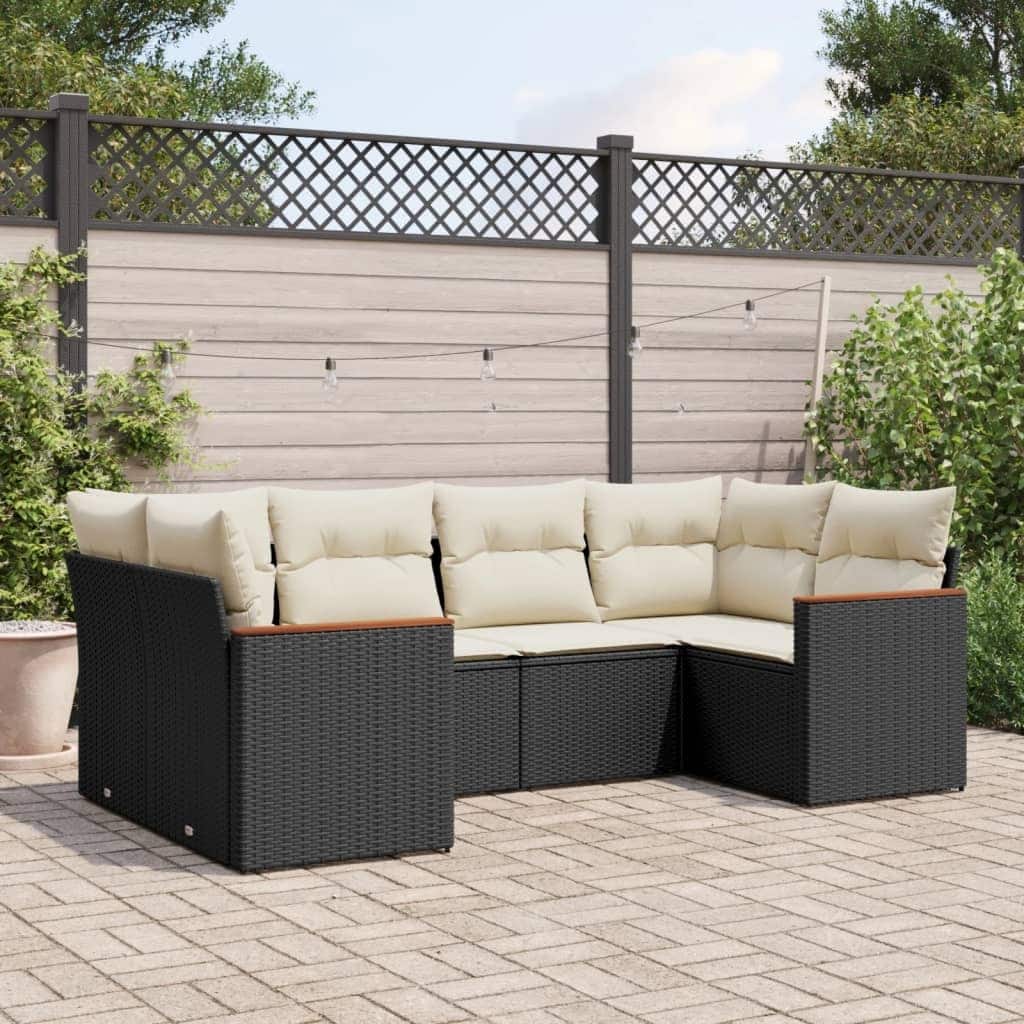 vidaXL 6 Piece Patio Sofa Set with Cushions Black Poly Rattan - 24.4" x 24.4" x 27.2"