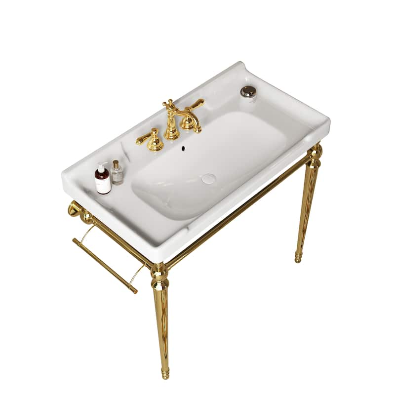 36"Bathroom Console Sink,Wall-Mounted Ceramic Basin with 3 Pre-drilled Faucet Holes,Freestanding Support Legs with Towel Bar