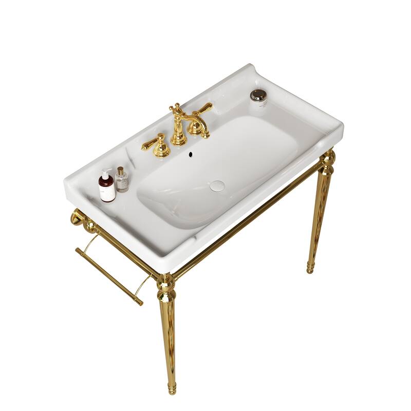 GDFStudio - Vici Modern 36" Bathroom Console Sink with Freestanding Stainless Steel Legs & Towel Bar, WITHOUT Faucet - White