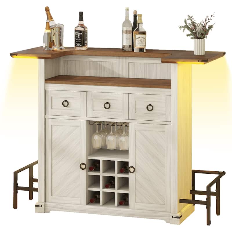 Moasis Farmhouse LED Bar Cabinet w/ Footrest, Home Bar Unit with Glasses Holder and Wine Storage - Antique White