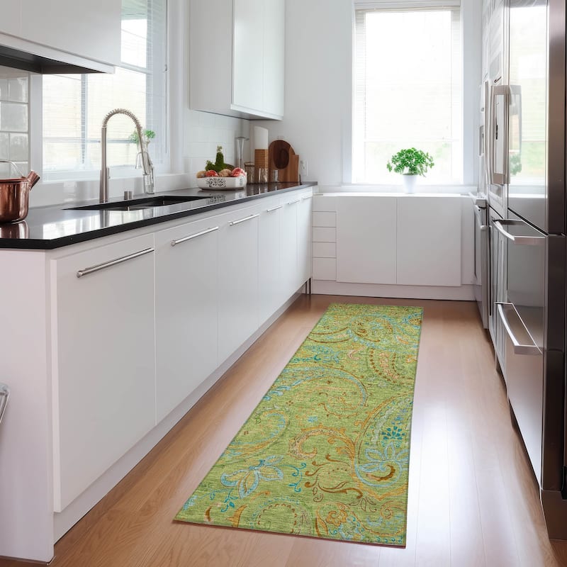 Machine Washable Indoor/ Outdoor Paisley Chantille Rug - Aloe - 2'3" x 7'6"