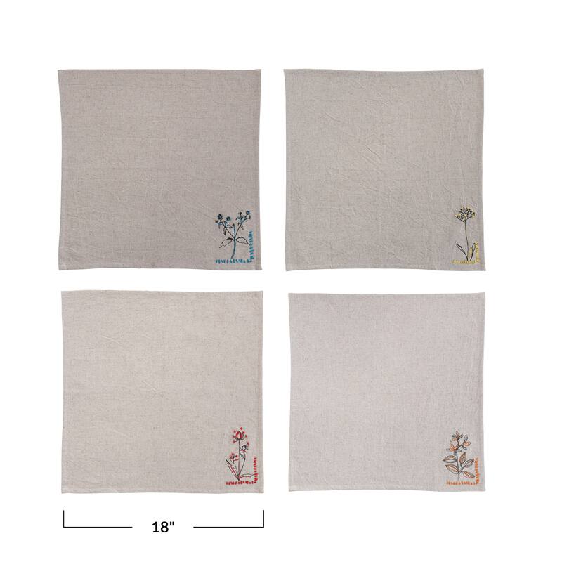 Cotton and Linen Napkins with Flower Embroidery and French Knot Design - 18.0"L x 18.0"W x 0.1"H