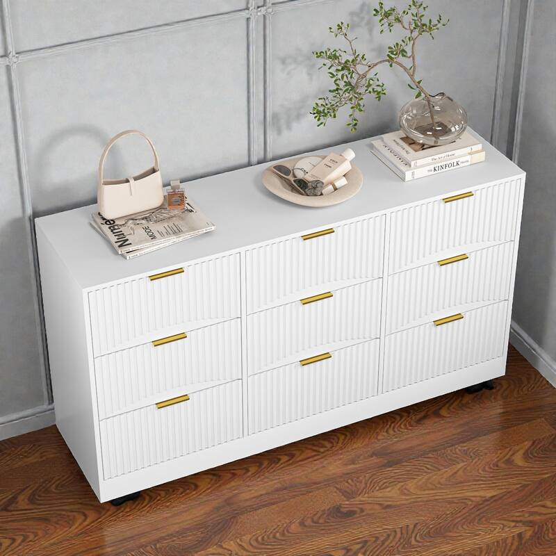 Modern 9 Drawer Dresser with Wavy Drawer Fronts, 63 Inch Wide Wooden Chest of Drawers for Bedroom Living Room