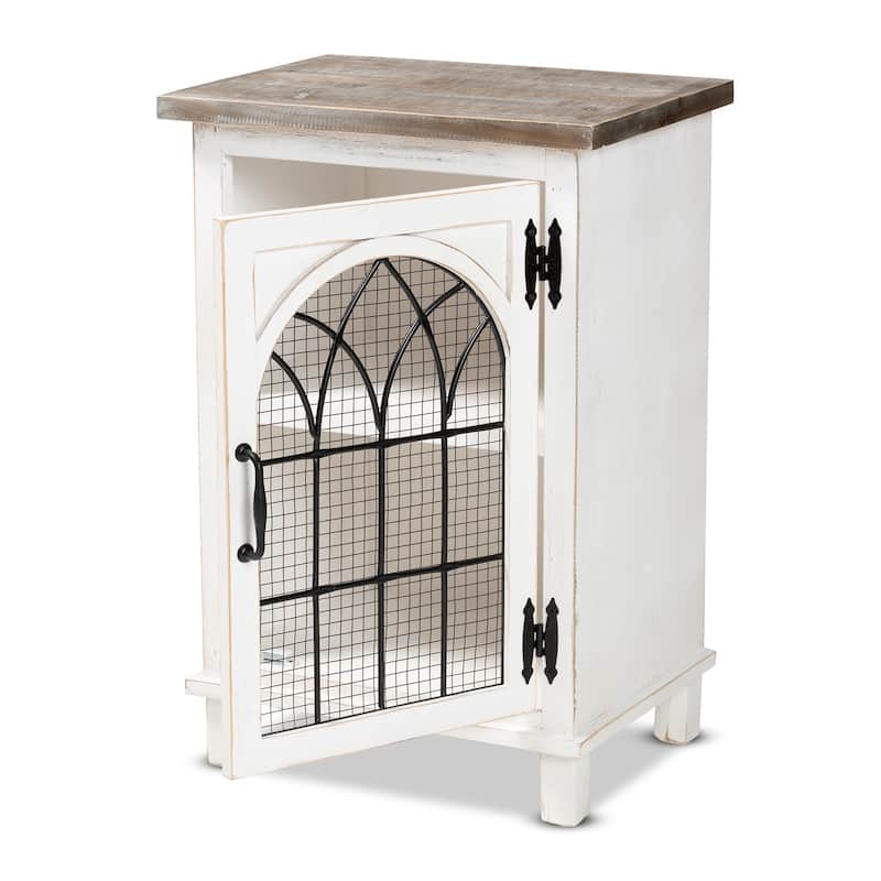 Faron Traditional Farmhouse White and Oak Brown Wood 1-Door End Table