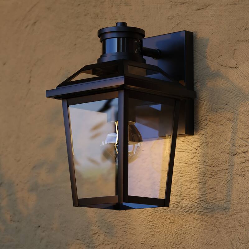 VAXCEL Hanover Park Black Motion Sensor Dusk to Dawn Outdoor Wall Sconce Light Fixture Clear Glass Shade, LED Compatible - Textured Black - 6-in W x 10.5-in H x 6.75-in D