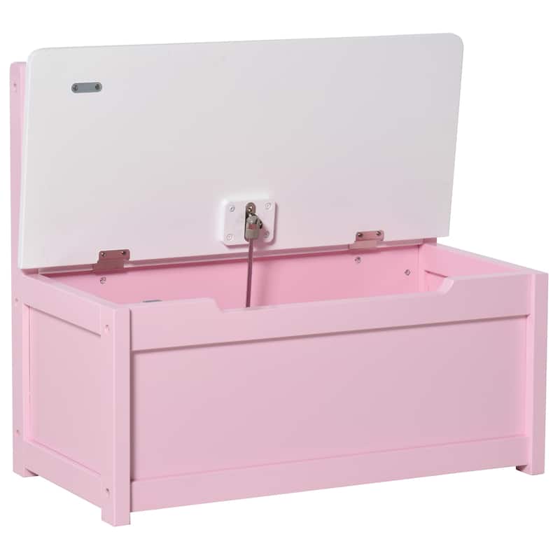 Qaba 2-IN-1 Wooden Toy Box Kids Seat Bench Storage Chest Cabinet Chunk Cube with Safety Pneumatic Rod