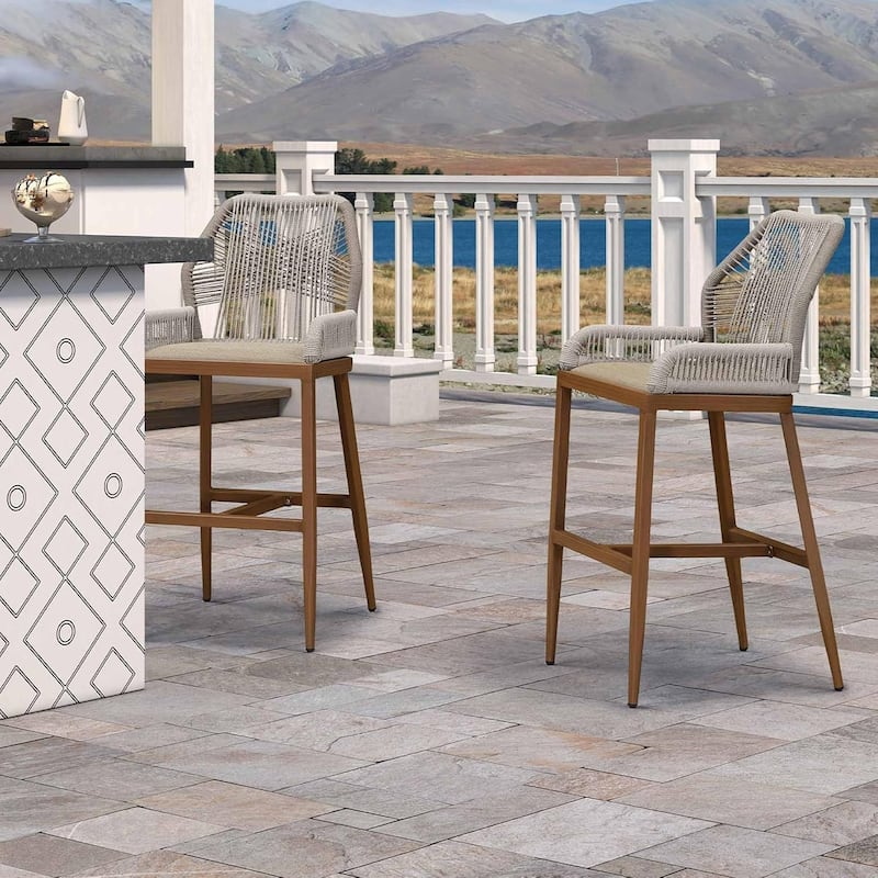 PURPLE LEAF Outdoor Bar Stools Chair Set of 2, All Weather Rattan and Aluminum Patio Bar Stool with Cushion - Umber-Height stool
