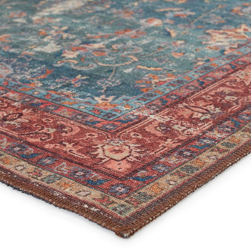 Machine Washable Kate Lester + Jaipur Living Yasha Floral Blue and Red Area Rug