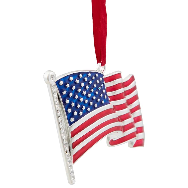 3.25" Silver Plated American Flag European Crystals Christmas Ornament