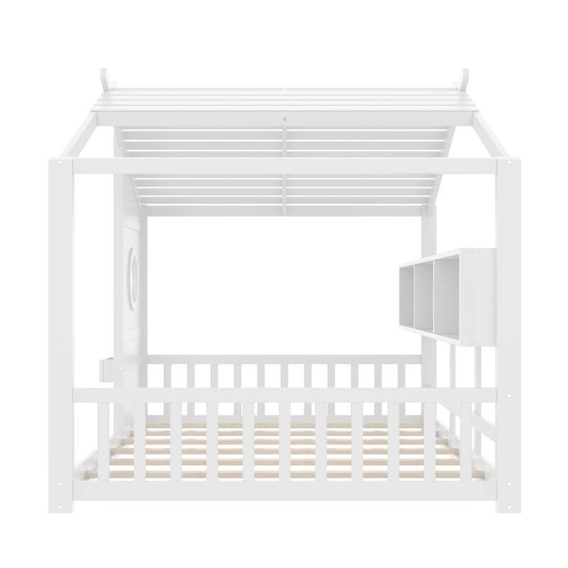 Full Size Floor House Bed for Toddler, Storage Shelf, Playhouse Bed with Roof Design