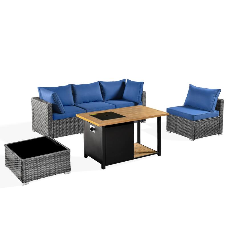 HOOOWOOO 4 Seater Grey Rattan Outdoor Furniture Fire Pit Set