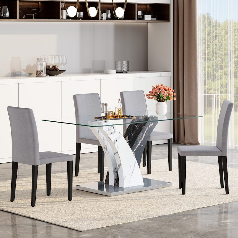 Stylish Dining Table and Chair Set, Modern Rectangular Glass Table with Upholstered Linen Chairs for Kitchen, Dining Room - Light Gray,White+Black-5-Piece Set