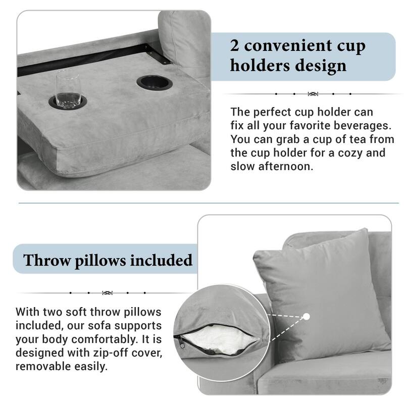 105" Modern Velvet L-shape Reversible Sectional Sofa with 2 Pillows and Cup Holders
