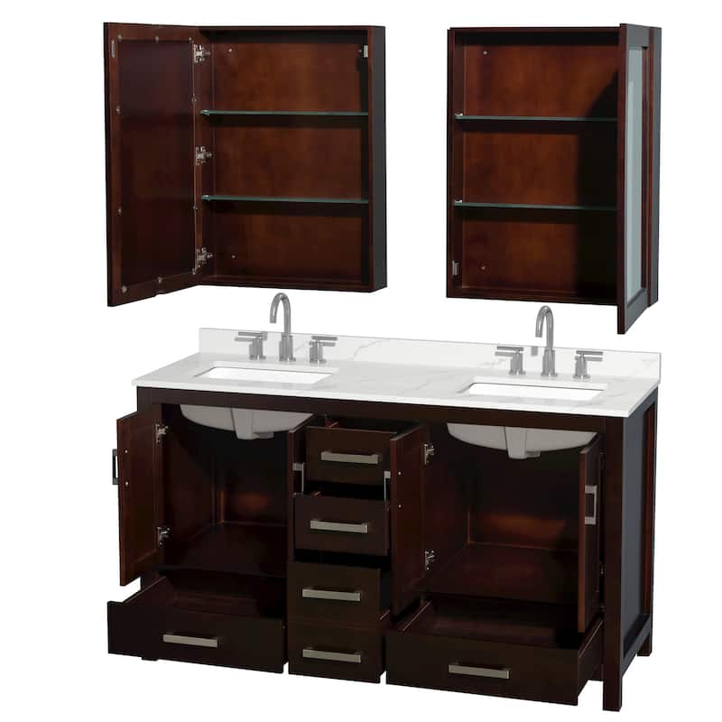 Sheffield 60-inch Double Vanity, 3 Hole Quartz Top, Med Cabinets