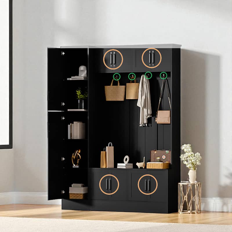 79" Modern Hall Tree with Bench, 6 Cabinets, Adjustable Shelf & 4 Hooks, Entryway Storage Organizer for Shoes and Coats