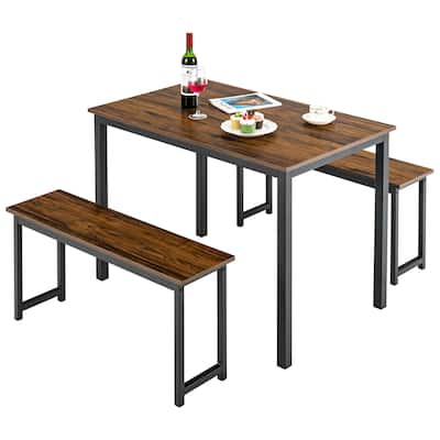 Gymax Modern 3 PCS Dining Table Bench Set w/ Metal Frame & Wooden
