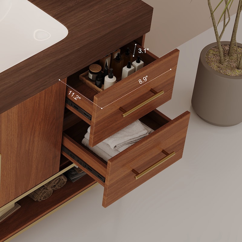 36" Modern Bathroom Vanity with Seamless Ceramic Sink & Gold Accent Free Standing Cabinet