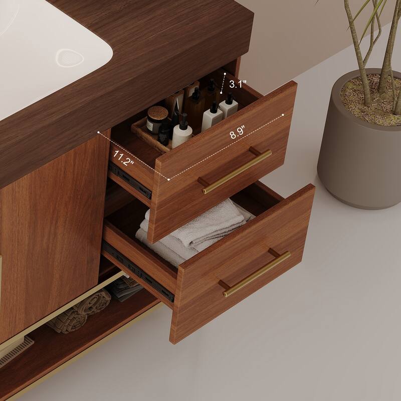 GDFStudio - Luxury 36" Freestanding Sintered Stone Bathroom Vanity with Seamless Ceramic Sink, Open Storage & Soft-Close Drawers