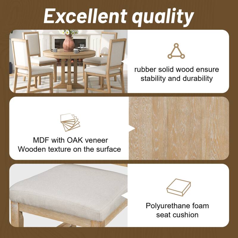5-Piece Dining Set Extendable Round Table and 4 Upholstered Chairs