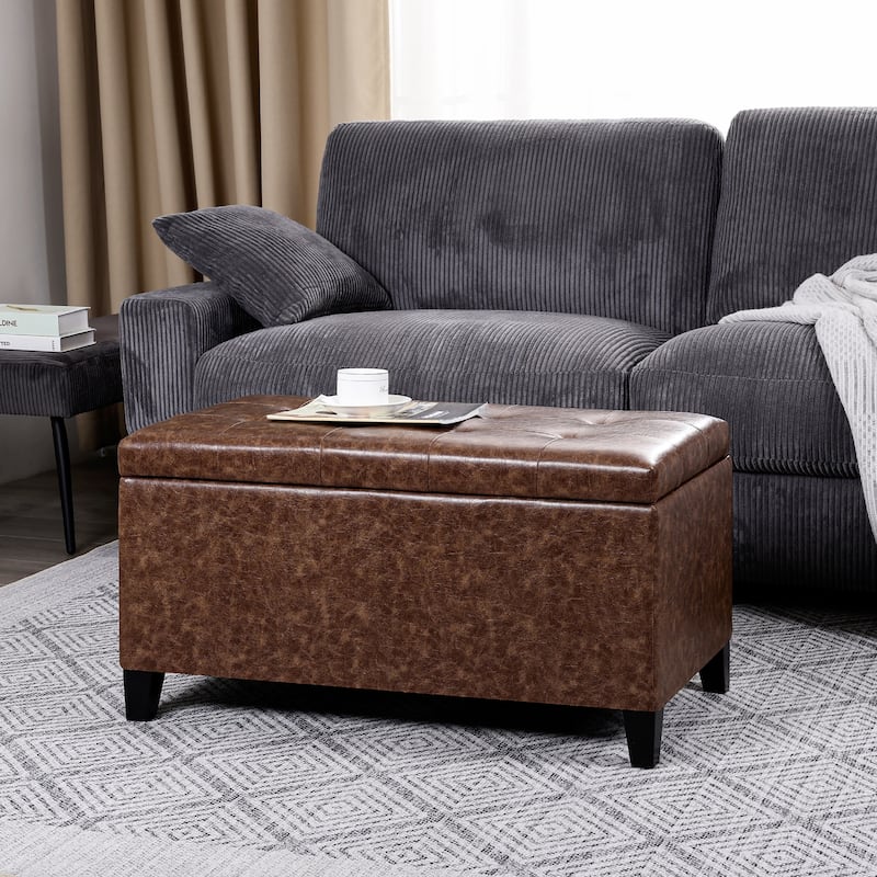 Adeco Rectangular Storage Ottoman Faux Leather Bench Lift-top Footrest
