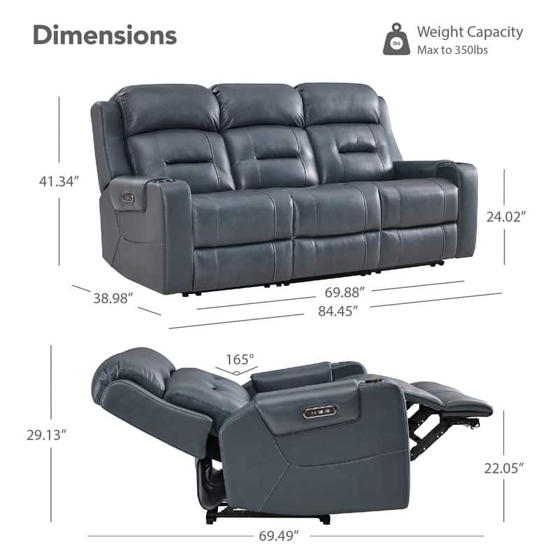Spruce & Spring Genuine Leather Power Reclining Sofa with Wireless Charging