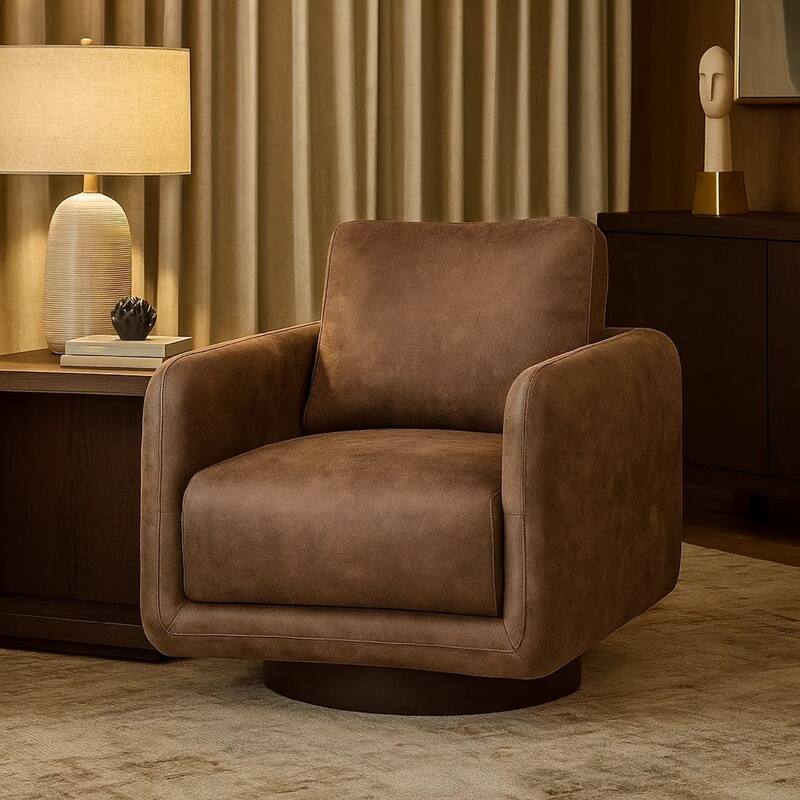 Wade Swivel Armchair, Square Frame, Walnut Brown Faux Leather