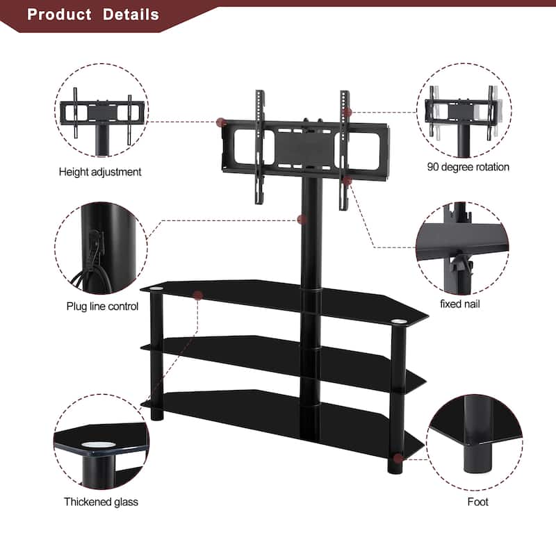 Black Multi-function TV Stand Height Adjustable Bracket Swivel 3-Tier fits 32”-65“TV