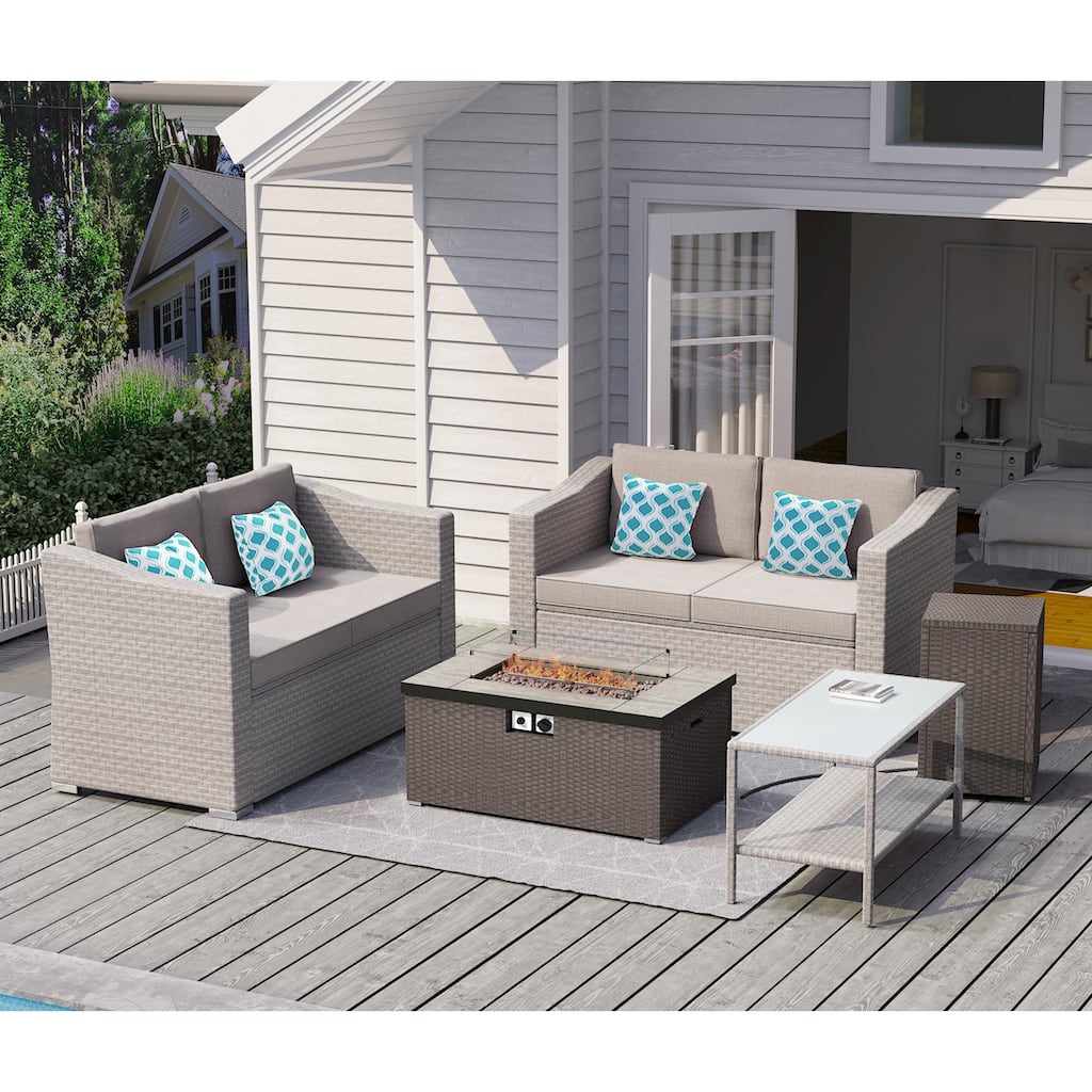 COSIEST 4-Piece Outdoor Patio Wicker Loveseats with Fire Pit Table