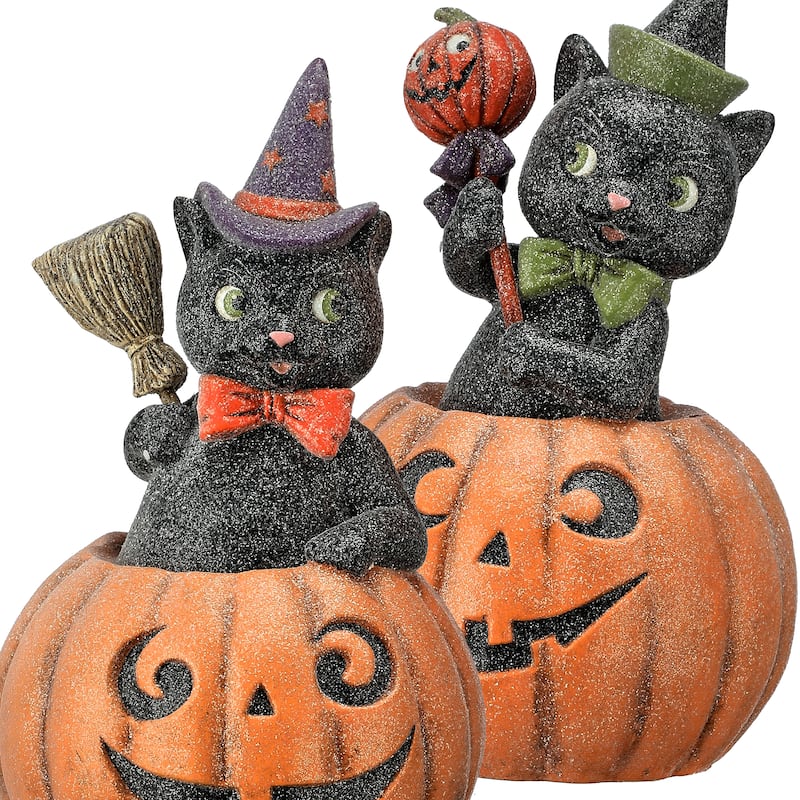 10.5" Paperpulp Black Cat with Pumpkin Set of 2