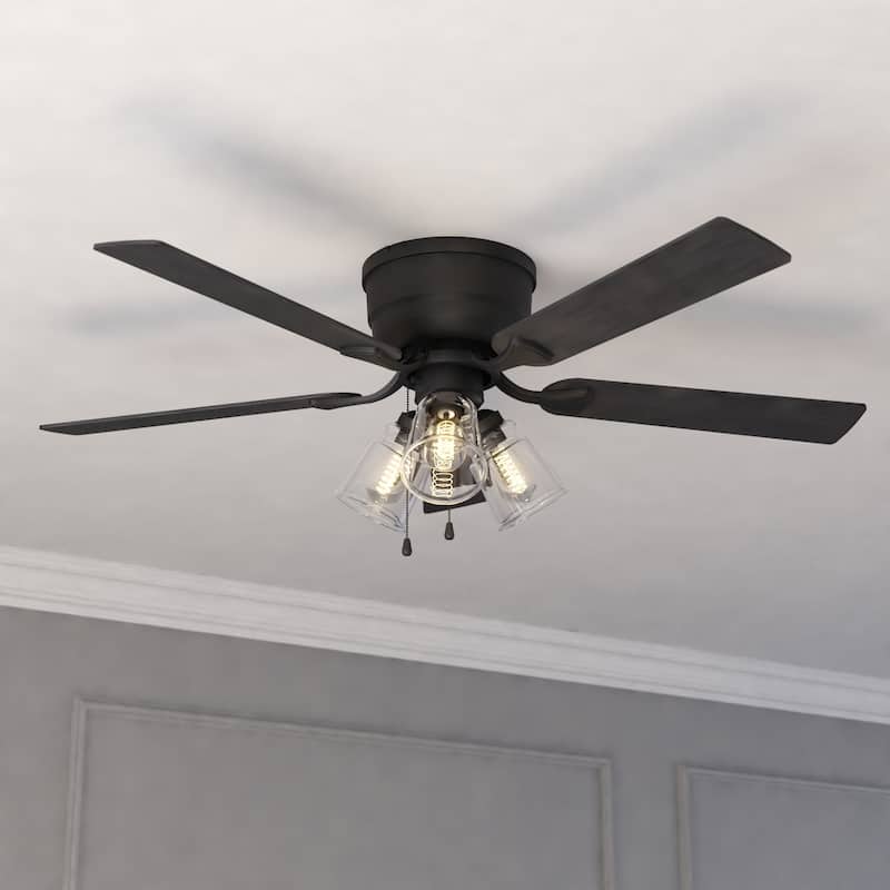 Cromwell 52 in. Matte Black Low Profile Flush Mount Ceiling Fan Reversible Black-Oak Blades, LED Light Kit Pull Chain and Remote - 52-in W x 15-in H x 52-in D - Matte Black