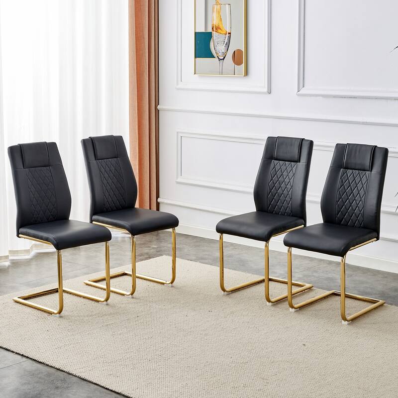 Faux Leather Dining Room Chairs with Upholstered Seat, Modern Kicthen Chairs Armless Accent Chairs with Metal Legs, Set of 4 - Black Gold