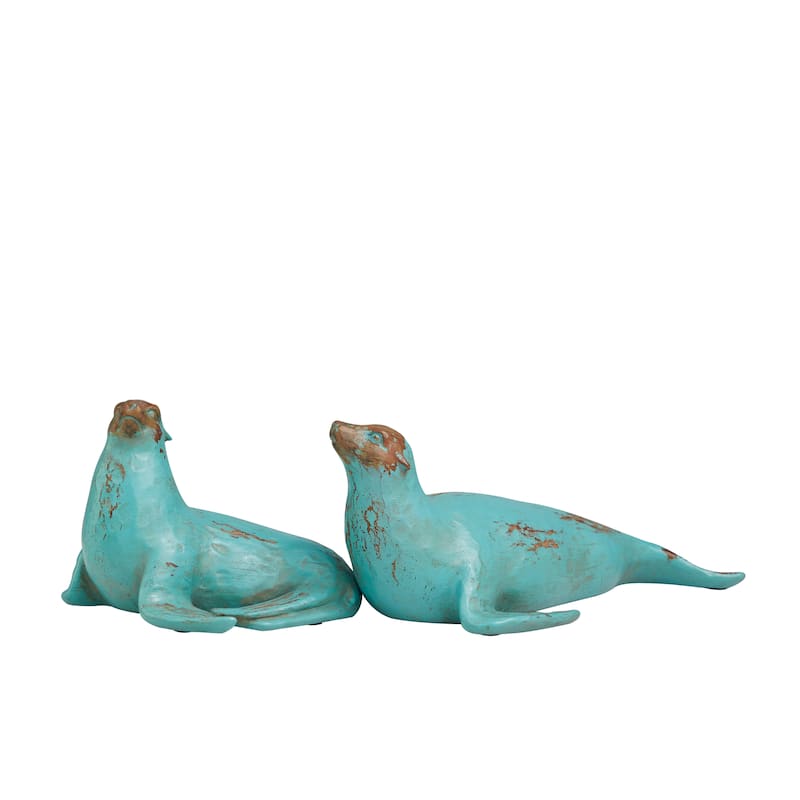 Polystone Sea Lion Distressed Sculpture with Brown Wood Inspired Accents - Set of 2 Teal - Roche River Decor - 12"W x 7"L x 5"H