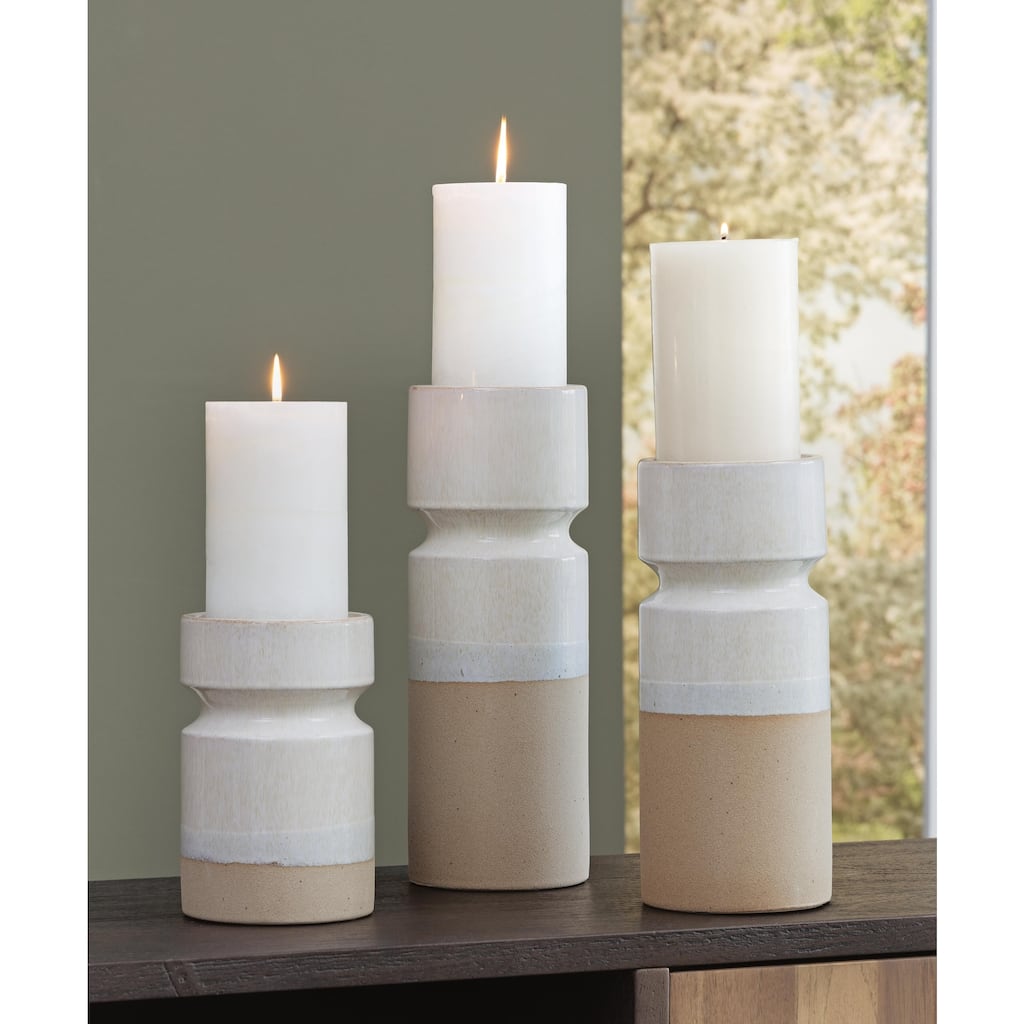 Signature Design by Ashley Hurston Ivory/Brown Candle Holder Set (Set of 3) - 5"W x 5"D x 14"H