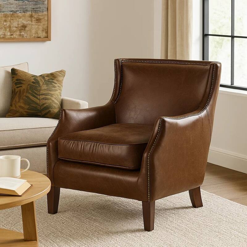 Accent Sofa Chair, Studded Trim, Brown Top Grain Leather, Rubberwood