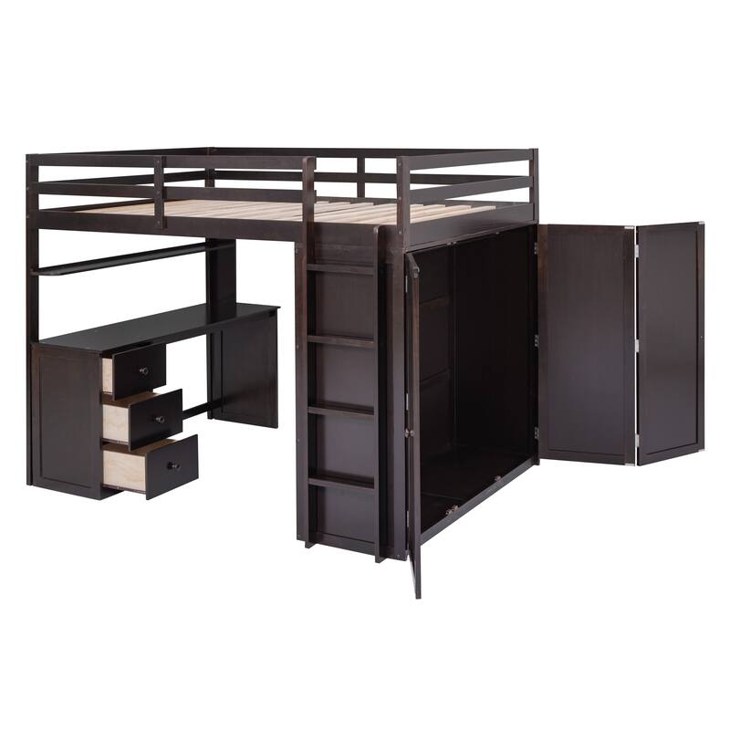 Full Size Loft Bed with Drawers, Desk, and Wardrobe in Espresso