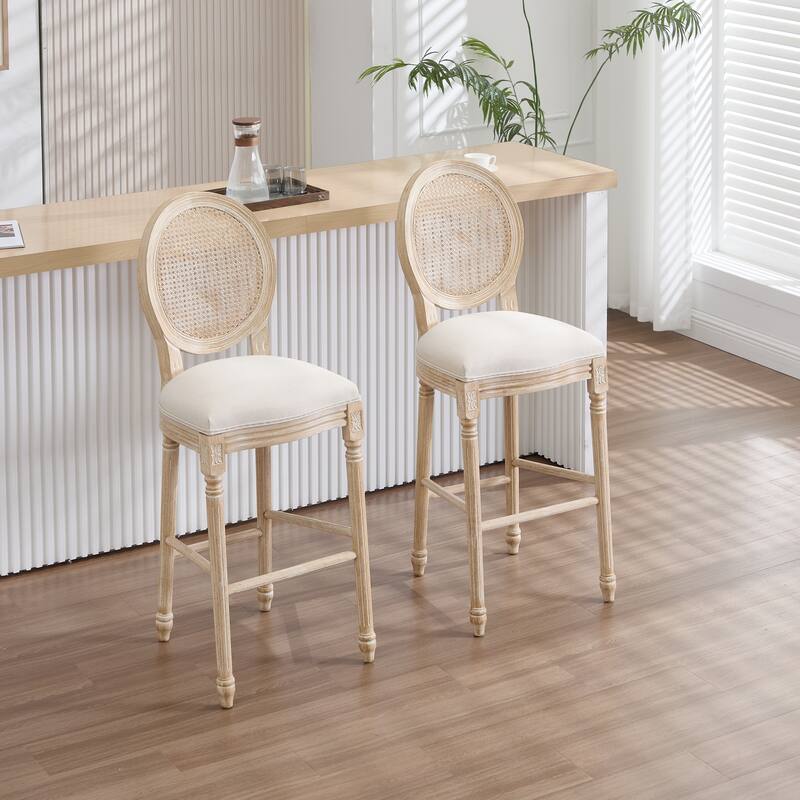 French Country Dining Chairs Set of 2, Upholstered Chairs with Nature Rattan Round Back, Wire drawing and carving techniques