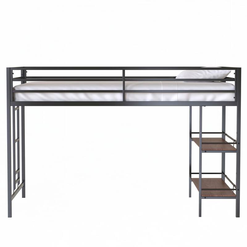 twin loft bunk black with Cinnamon wood shelf