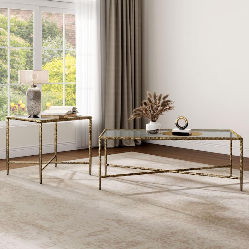 247 Shop At Home Lalia Modern Hammered Metal 2-Piece X-Brace Coffee Table Set - Matte Gold