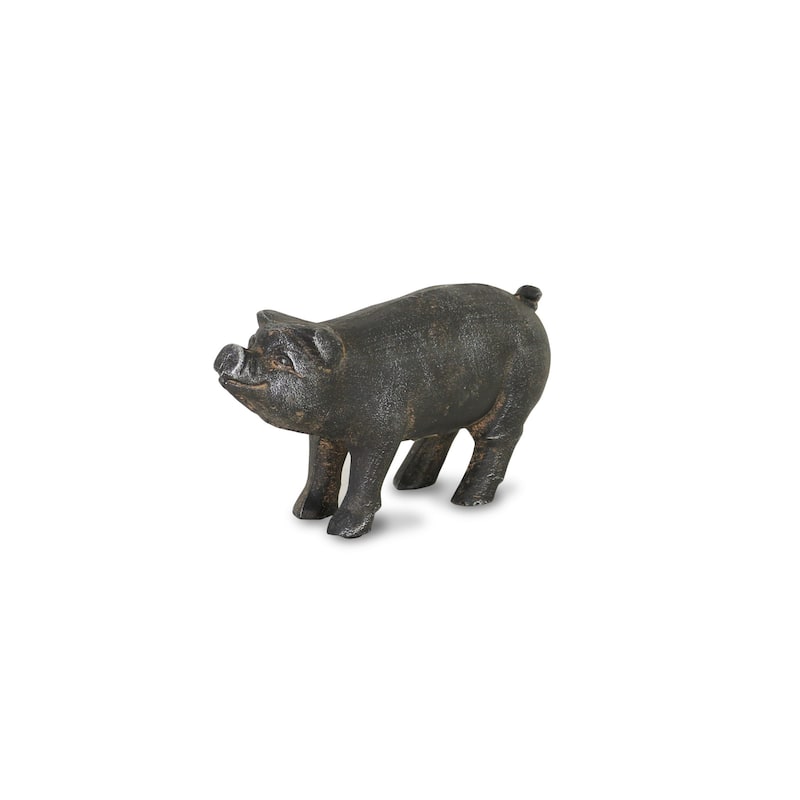 HomeRoots 5" Black Cast Iron Pig Hand Painted Sculpture - 4.5" H x 9" W x 3" D