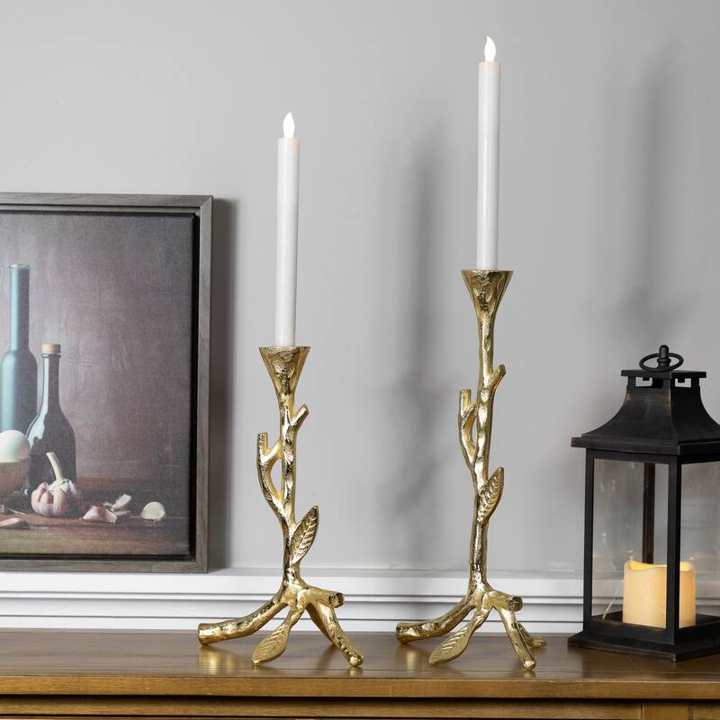 Leafy Branch Metal Taper Candle Holders - 15" - Gold - Set of 2