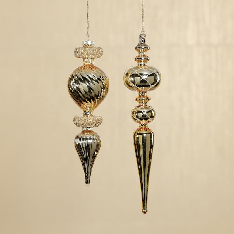 Gold Beaded Glass Finial Holiday Hanging Ornaments, Set of 4