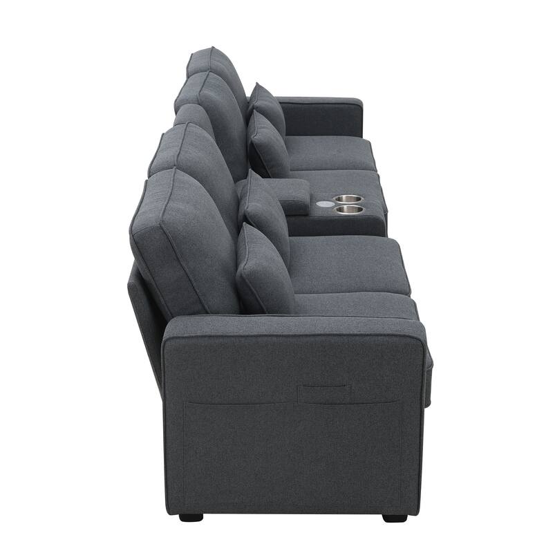 Modern 4-Seat Sofa with Storage Console, 2 Cupholders & USB Charging