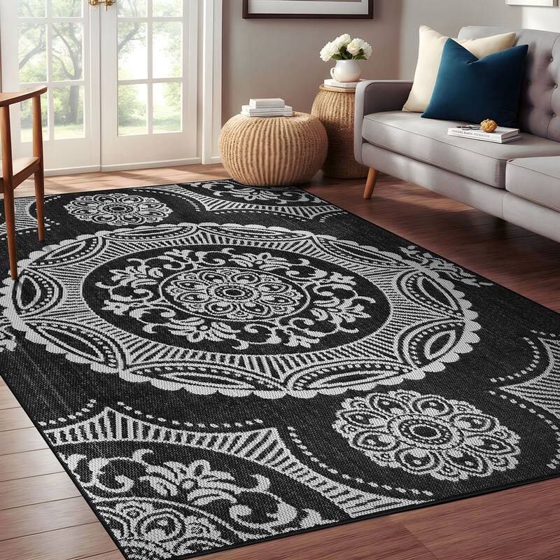 Beverly Rug Blue Medallion Indoor Outdoor Rug, Outside Carpet for Patio, Deck, Porch