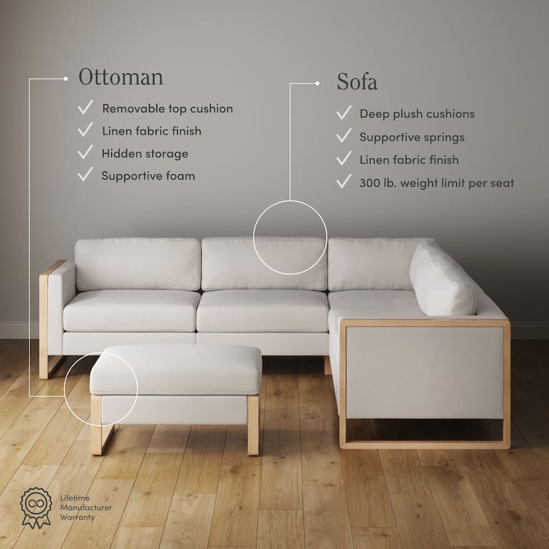Madison Modern Upholstered Modular Sofa or Couch for Living Room with Solid Wood Legs