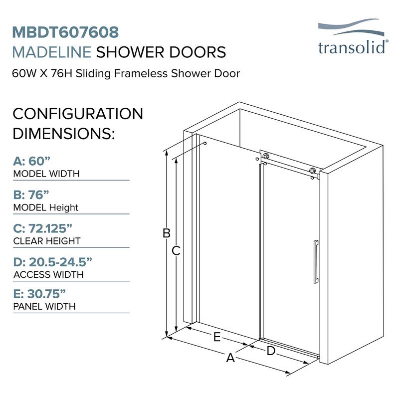 Transolid MBDT607608C-R 76" High x 60" Wide Bypass Frameless Shower