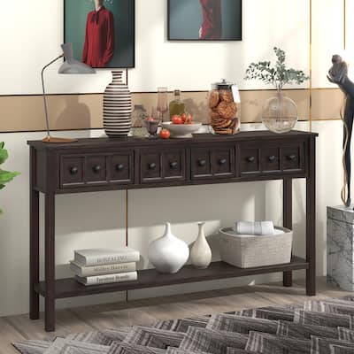60" L Console Table, Long Sofa Table with 2 Different Size Drawers and Bottom Shelf