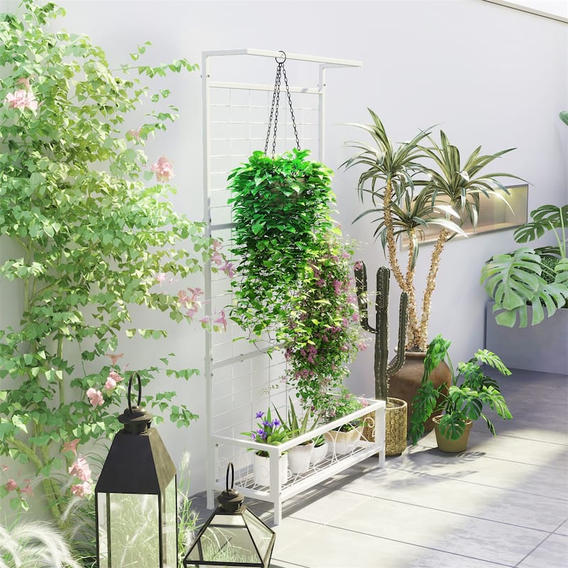 74-Inch Tall Steel Flower Stand with Trellis and Hanging Basket Roof for Garden Patio Plants - 36.2" W x 12.8" D x 74.2" H